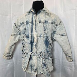 Vintage 80s Acid Wash Belted Denim Jacket Made In Hong Kong Womens Clipper Bay